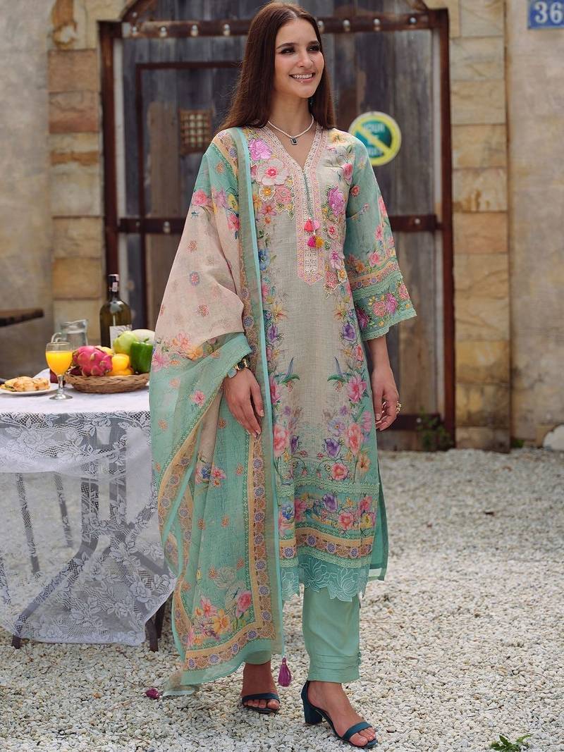 Women Floral Embroidered Regular Beads and Stones Linen Kurta with Trousers & With Dupatta
