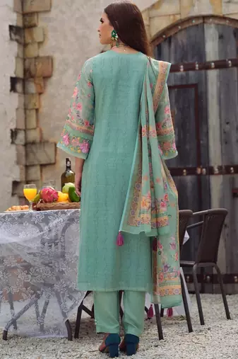 Women Floral Embroidered Regular Beads and Stones Linen Kurta with Trousers & With Dupatta