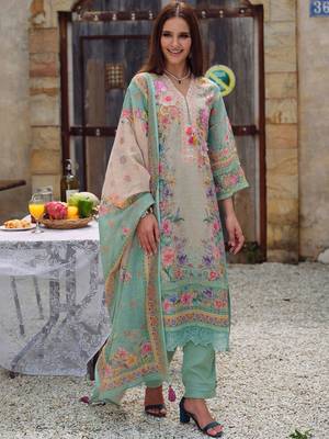 Women Floral Embroidered Regular Beads and Stones Linen Kurta with Trousers & With Dupatta 7