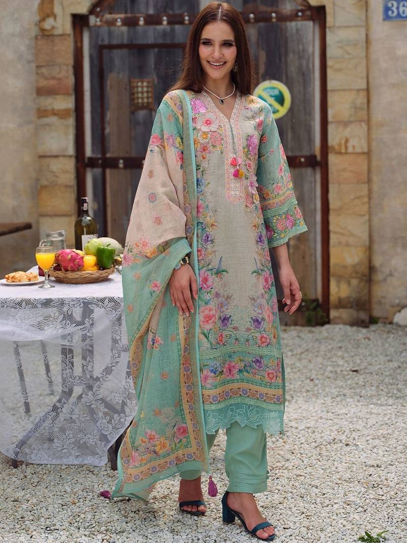 Women Floral Embroidered Regular Beads and Stones Linen Kurta with Trousers & With Dupatta