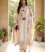 Women Floral Embroidered Regular Thread Work Linen Kurta with Trousers & With Dupatta