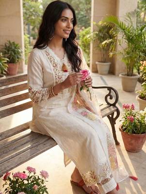Women Floral Embroidered Regular Thread Work Linen Kurta with Trousers & With Dupatta 5