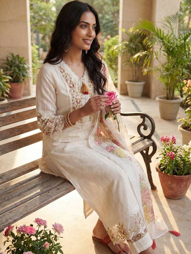 Women Floral Embroidered Regular Thread Work Linen Kurta with Trousers & With Dupatta