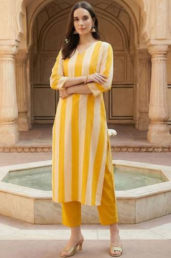 Women Striped Regular  Cotton Kurta with Trousers