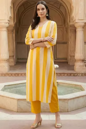 Women Striped Regular Pure Cotton Kurta with Trousers