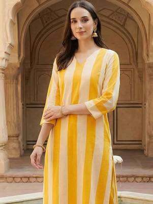 Women Striped Regular Pure Cotton Kurta with Trousers 2