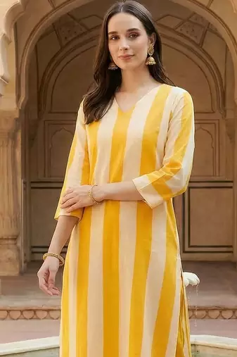 Women Striped Regular Pure Cotton Kurta with Trousers