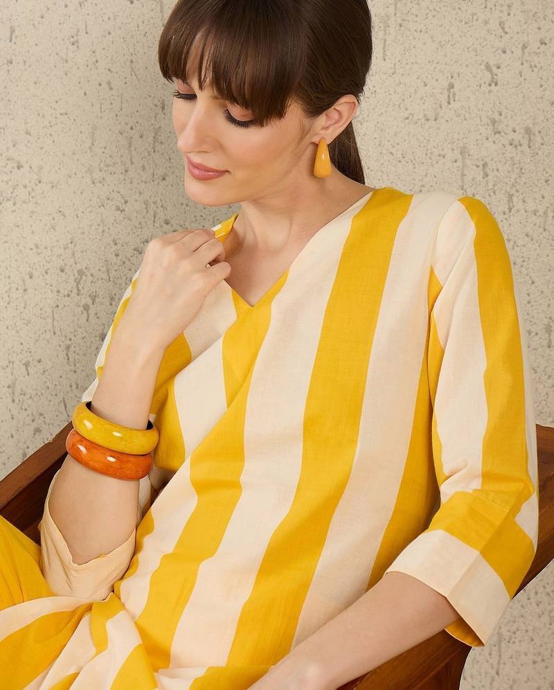 Women Striped Regular Pure Cotton Kurta with Trousers