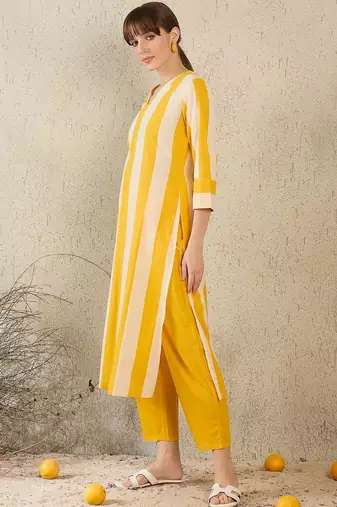 Women Striped Regular Pure Cotton Kurta with Trousers