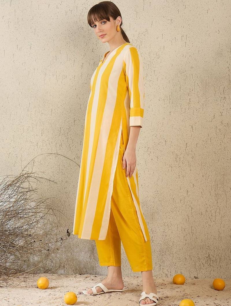 Women Striped Regular Pure Cotton Kurta with Trousers