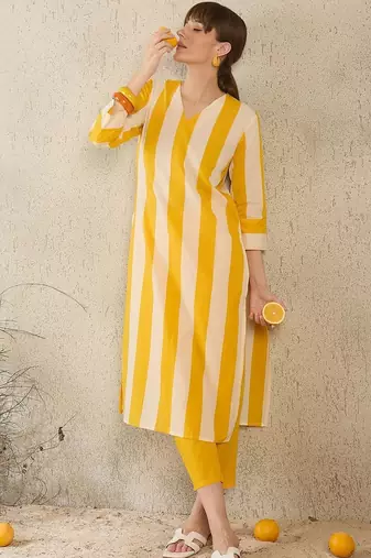 Women Striped Regular Pure Cotton Kurta with Trousers