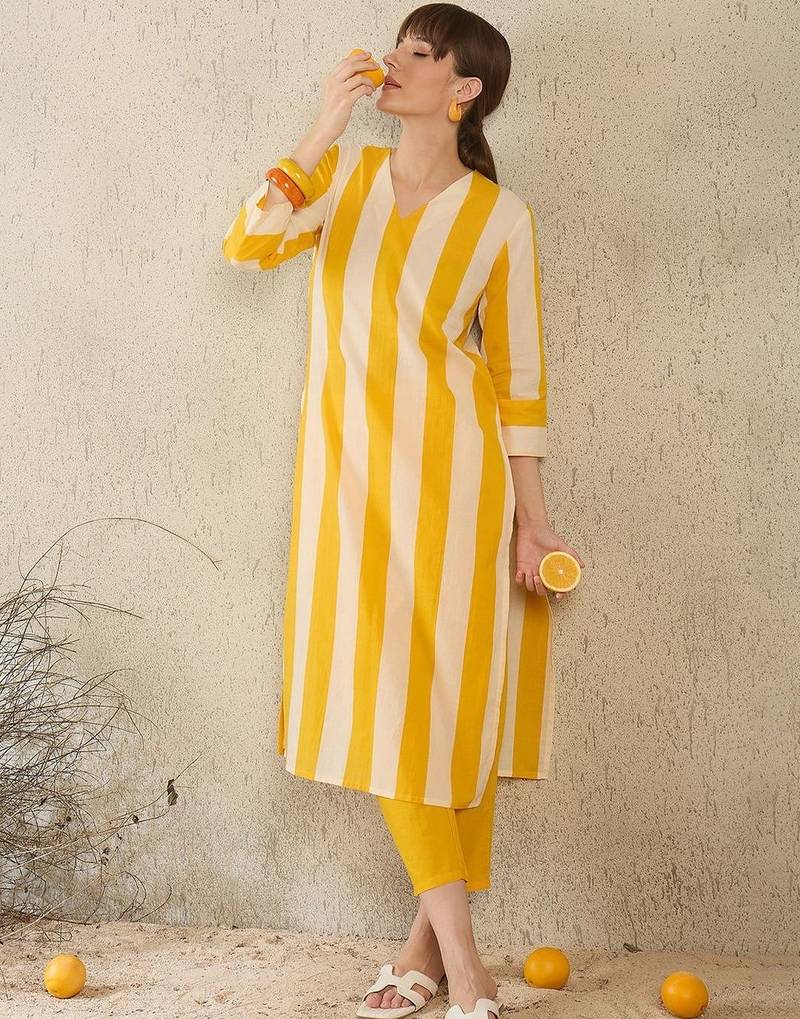 Women Striped Regular Pure Cotton Kurta with Trousers