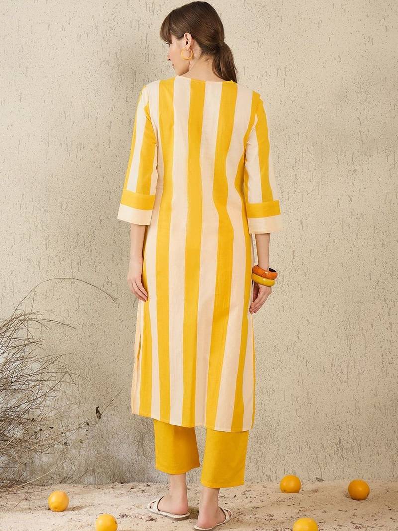 Women Striped Regular Pure Cotton Kurta with Trousers