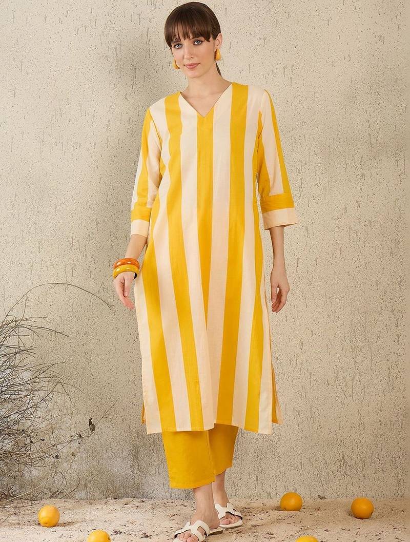 Women Striped Regular Pure Cotton Kurta with Trousers
