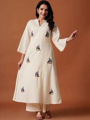 Women Ethnic Motifs Embroidered Regular Thread Work Pure Cotton Kurta with Trousers 7
