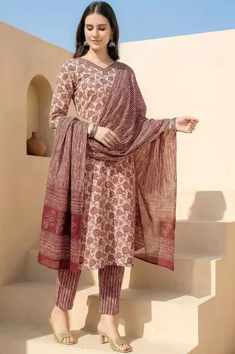 Women Floral Printed Regular Pure Cotton Kurta with Trousers & With Dupatta