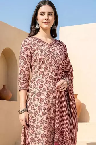Women Floral Printed Regular Pure Cotton Kurta with Trousers & With Dupatta