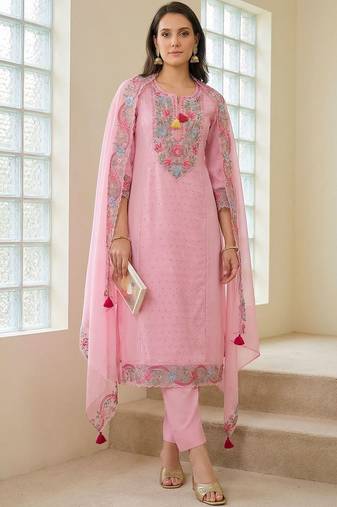 Women Floral Embroidered Regular Thread Work Pure Cotton Kurta with Trousers & With Dupatta
