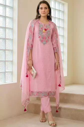 Women Floral Embroidered Regular Thread Work Pure Cotton Kurta with Trousers & With Dupatta