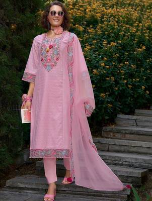 Women Floral Embroidered Regular Thread Work Pure Cotton Kurta with Trousers & With Dupatta 4