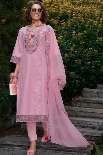 Women Floral Embroidered Regular Thread Work Pure Cotton Kurta with Trousers & With Dupatta