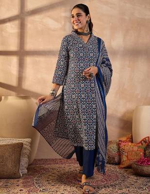 Women Printed Regular  Cotton Kurta with Trousers & With Dupatta 1