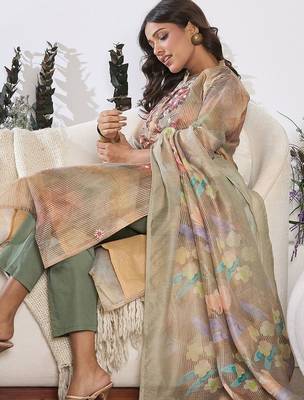 Women Floral Printed Regular Thread Work Chanderi Silk Kurta with Trousers & With Dupatta 5