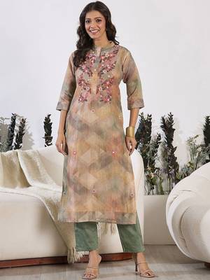 Women Floral Printed Regular Thread Work Chanderi Silk Kurta with Trousers & With Dupatta 6