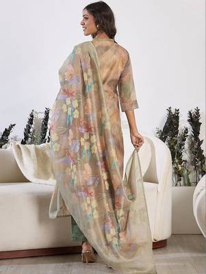 Women Floral Printed Regular Thread Work Chanderi Silk Kurta with Trousers & With Dupatta 7