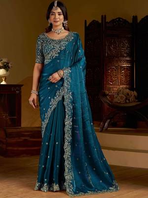 Rama satin jimmy choo embroidered embellished havy work wedding wear saree 1