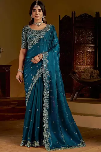 Rama satin jimmy choo embroidered embellished havy work wedding wear saree