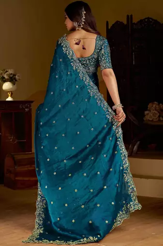 Rama satin jimmy choo embroidered embellished havy work wedding wear saree