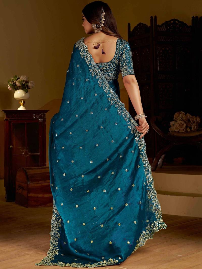Rama satin jimmy choo embroidered embellished havy work wedding wear saree
