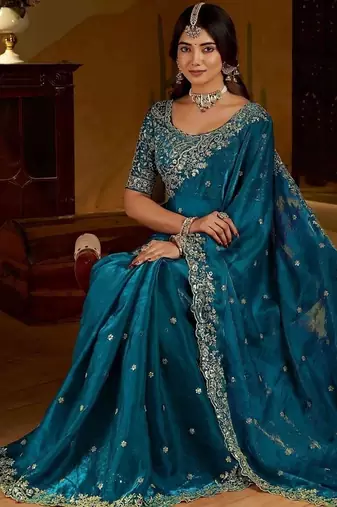Rama satin jimmy choo embroidered embellished havy work wedding wear saree