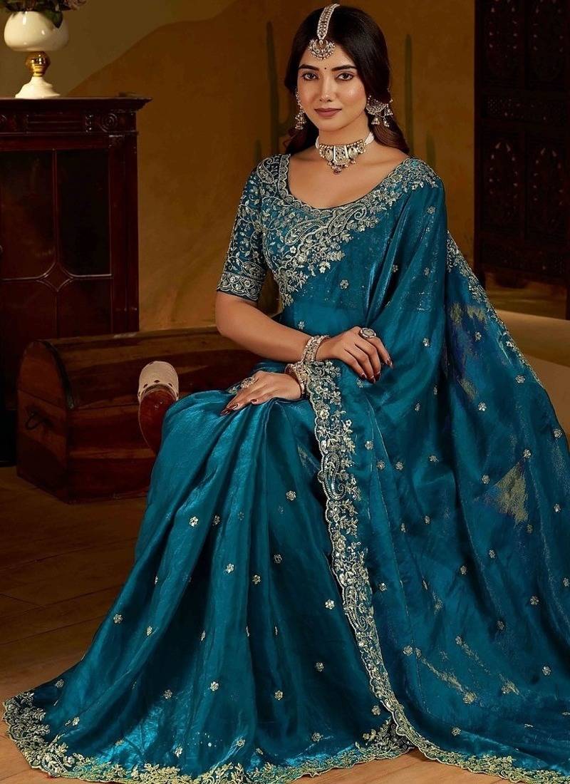 Rama satin jimmy choo embroidered embellished havy work wedding wear saree