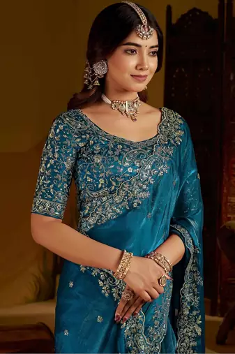 Rama satin jimmy choo embroidered embellished havy work wedding wear saree