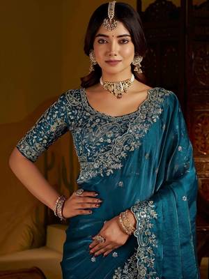 Rama satin jimmy choo embroidered embellished havy work wedding wear saree 5