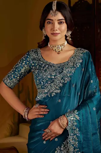 Rama satin jimmy choo embroidered embellished havy work wedding wear saree