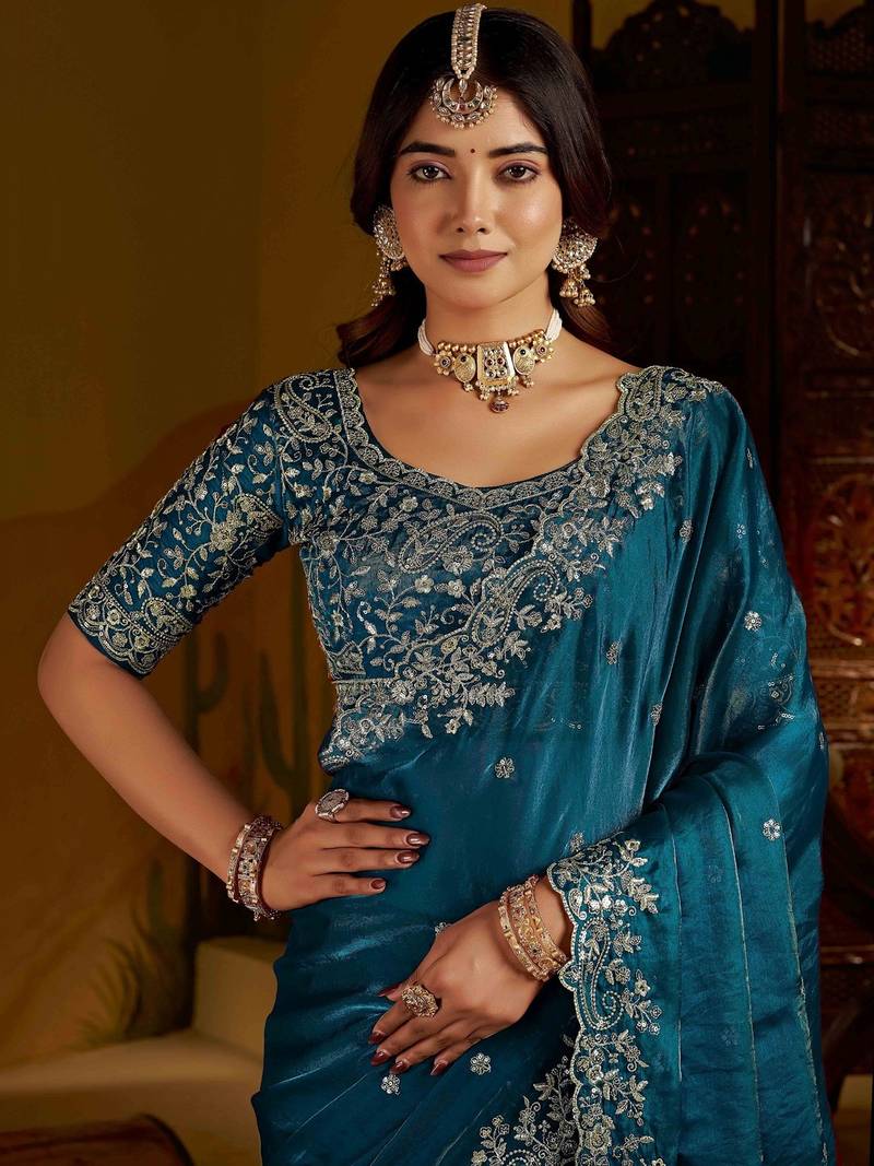 Rama satin jimmy choo embroidered embellished havy work wedding wear saree