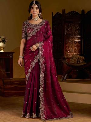 Wine satin jimmy choo embroidered embellished havy work wedding wear saree 1