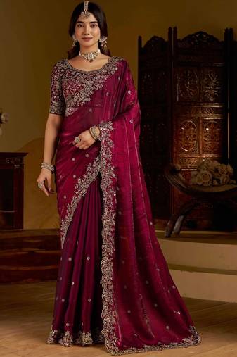 Wine satin jimmy choo embroidered embellished havy work wedding wear saree