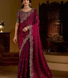 Wine satin jimmy choo embroidered embellished havy work wedding wear saree