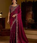 Wine satin jimmy choo embroidered embellished havy work wedding wear saree