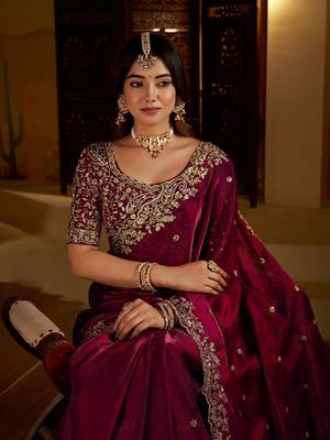 Wine satin jimmy choo embroidered embellished havy work wedding wear saree 2