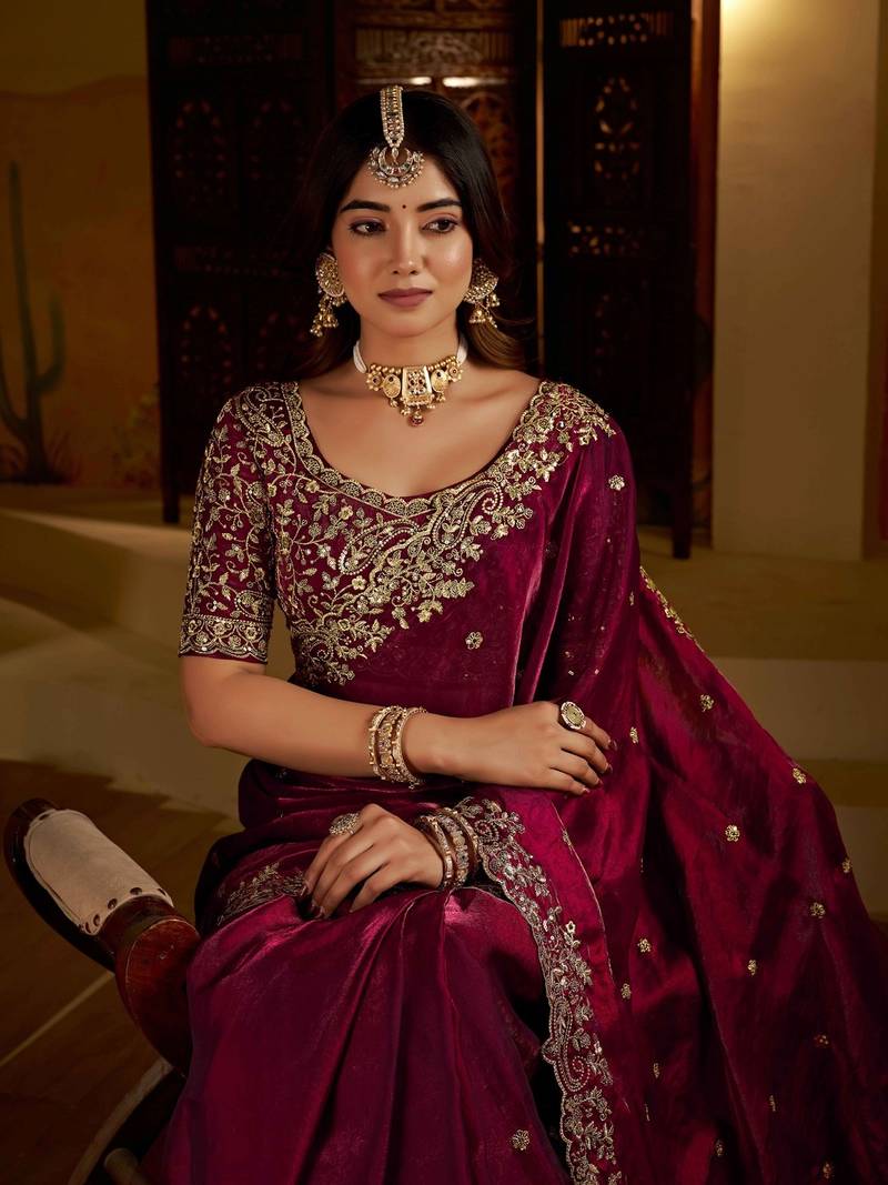 Wine satin jimmy choo embroidered embellished havy work wedding wear saree
