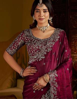 Wine satin jimmy choo embroidered embellished havy work wedding wear saree 3