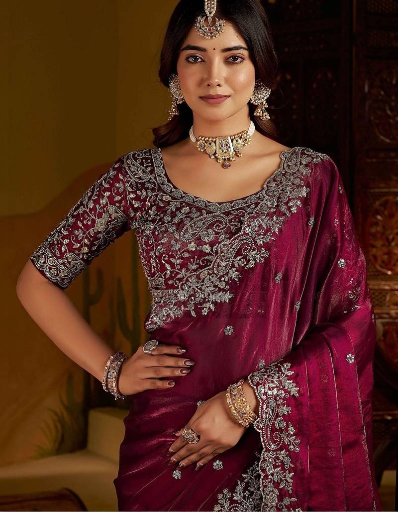 Wine satin jimmy choo embroidered embellished havy work wedding wear saree