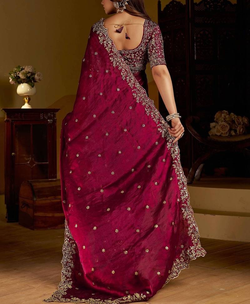Wine satin jimmy choo embroidered embellished havy work wedding wear saree