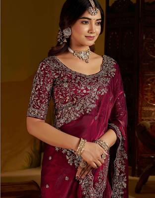 Wine satin jimmy choo embroidered embellished havy work wedding wear saree 5