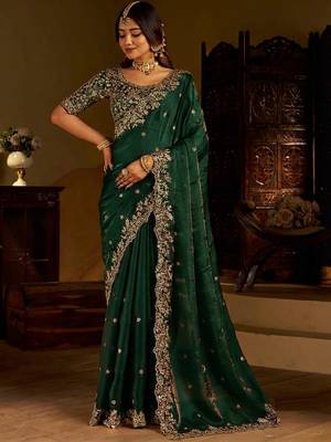 Green satin jimmy choo embroidered embellished havy work wedding wear saree 1